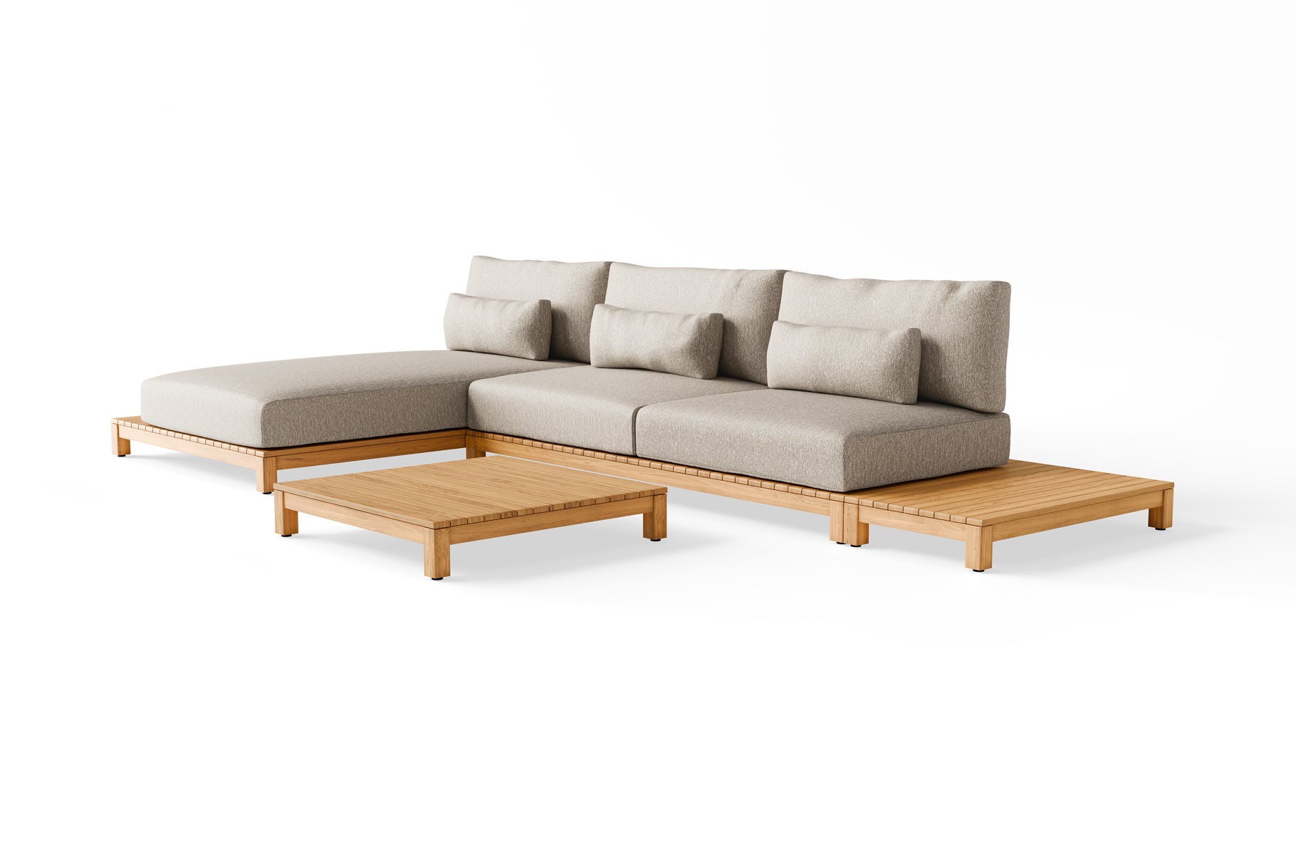 Loungeset Portofino Chaise Longue - Teak - Camel sand - Pebble desert bouclé
