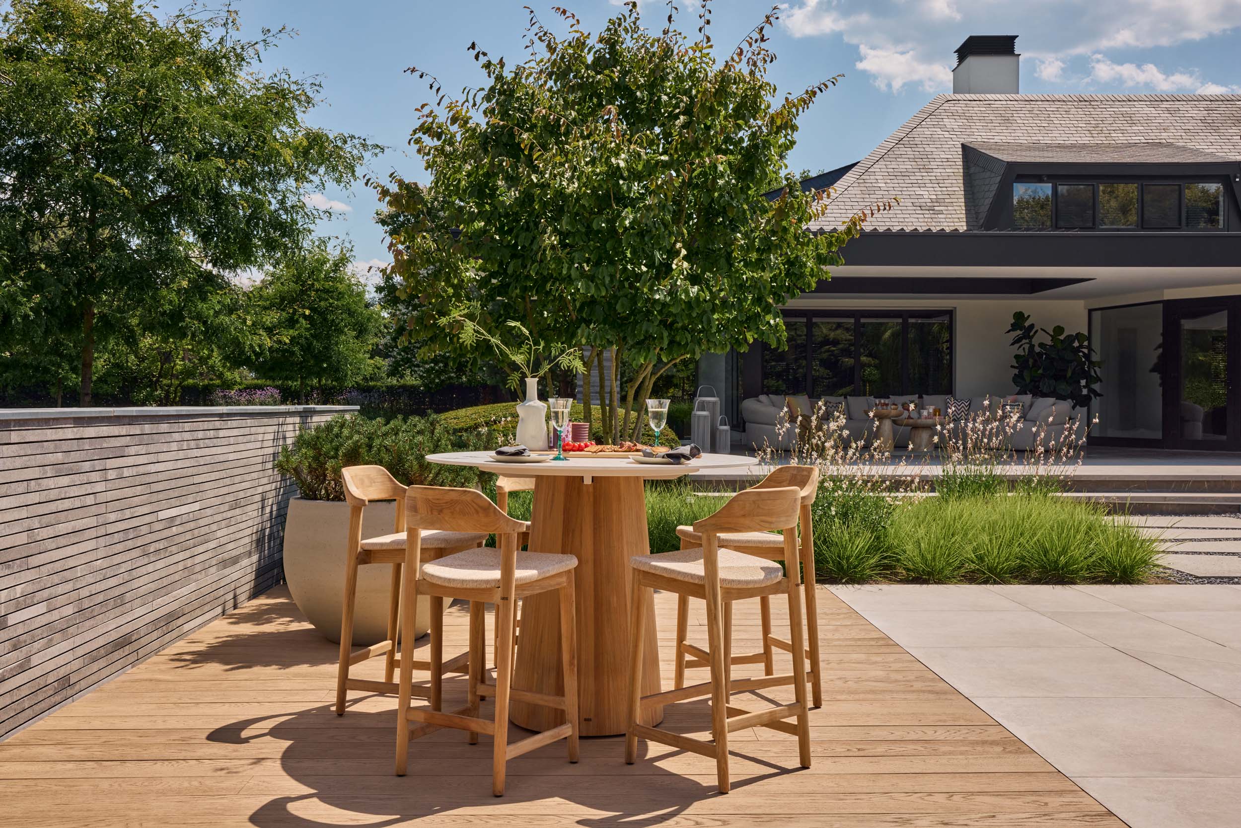Tuintafel Sorolo - High dining - Ø120 - Teak - Neolith white