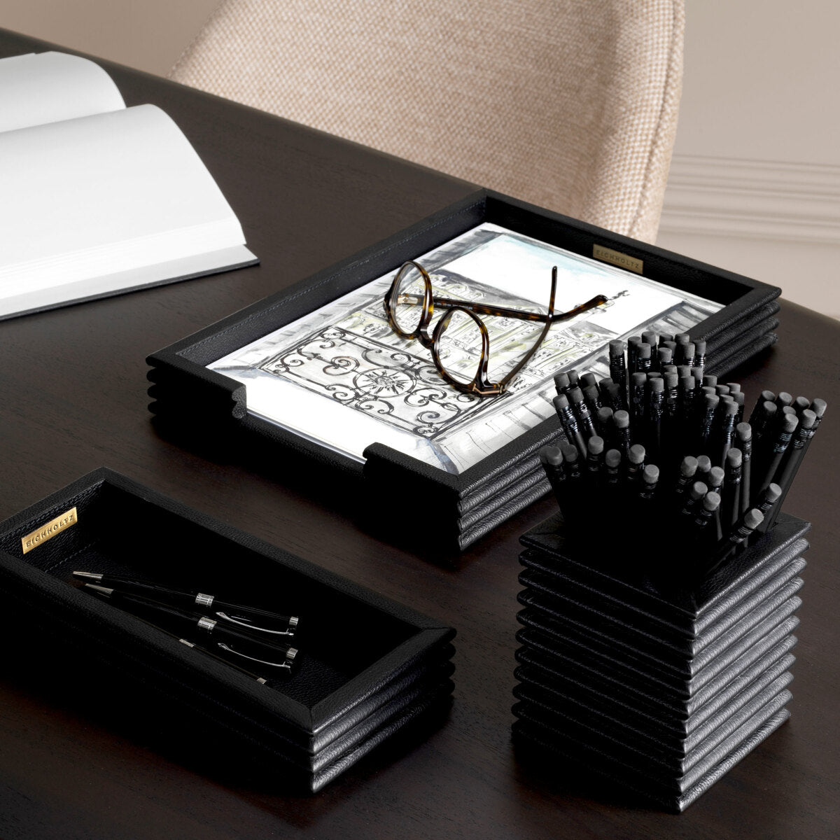 Bureauset Elvane - Black leather (set van 3)