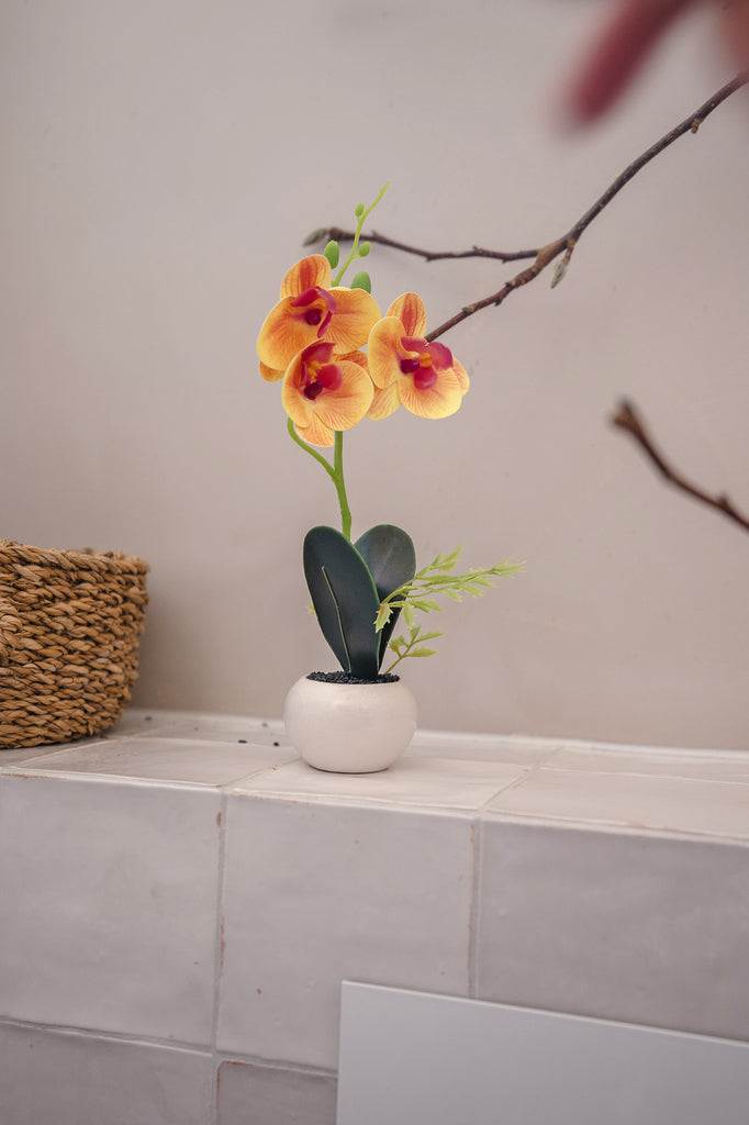 Kunst Orchidee 28 cm geel/rood in pot